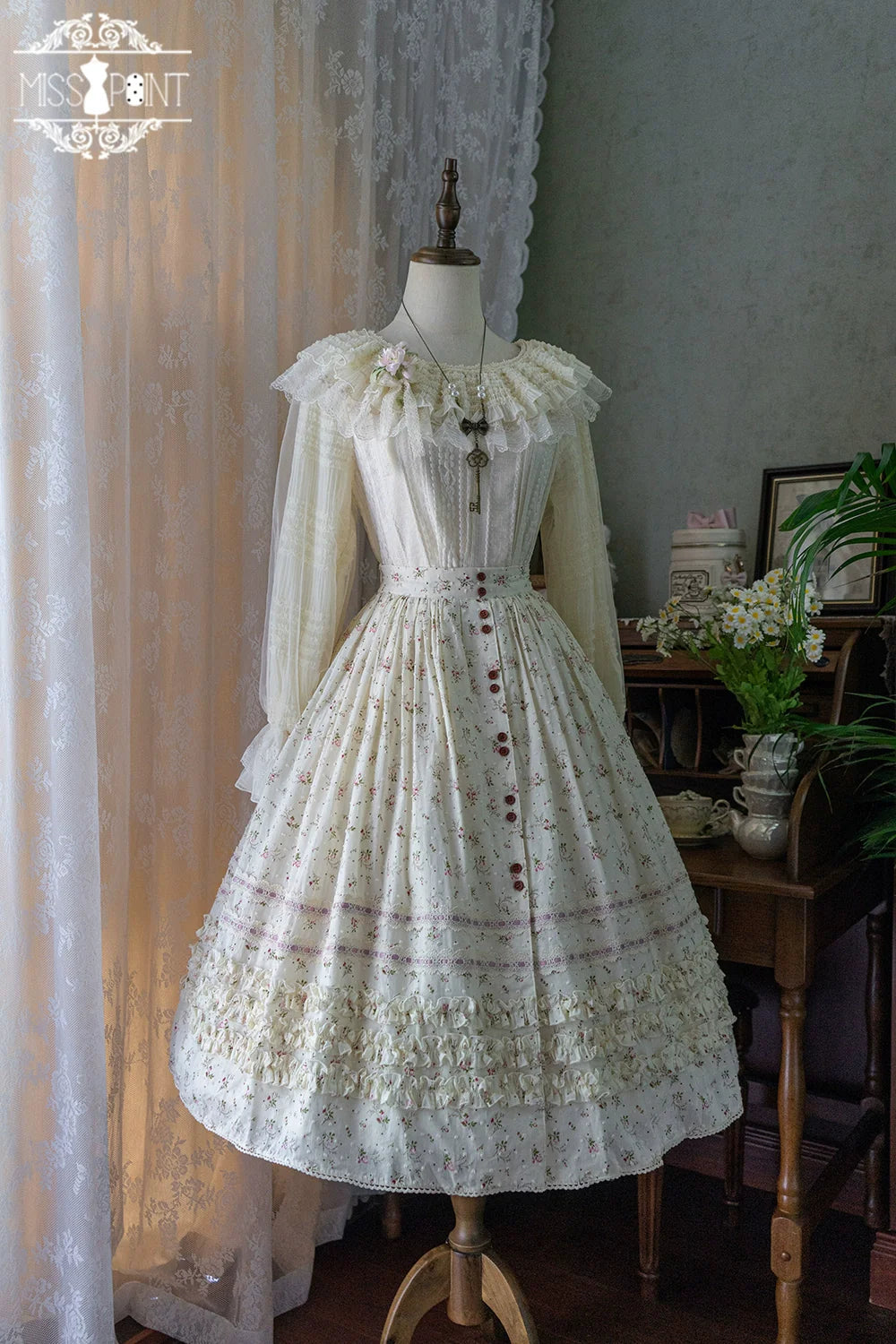 【予約販売】Pink Flower 小花模様のボタン付コットンスカート