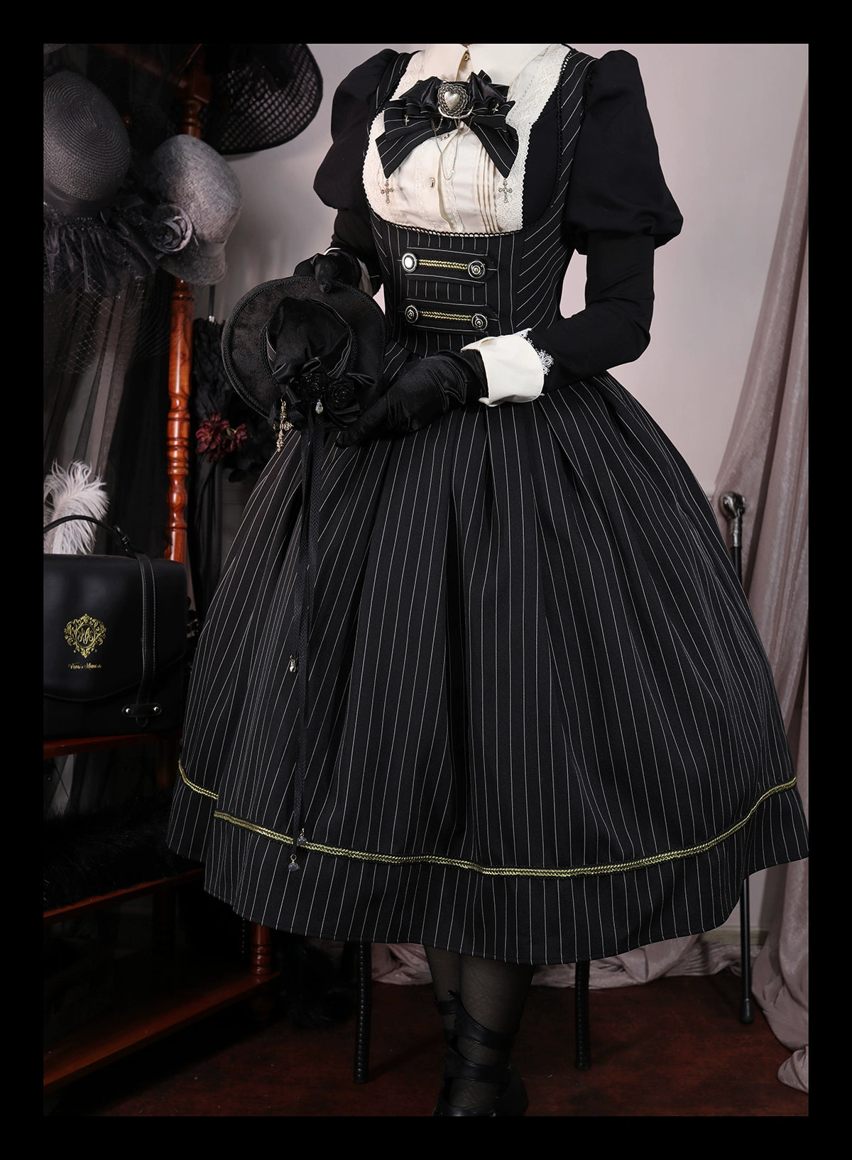 [Resale/Pre-orders available until 10/28] Bright Moon Corset Jumper Skirt Stripe [Black]