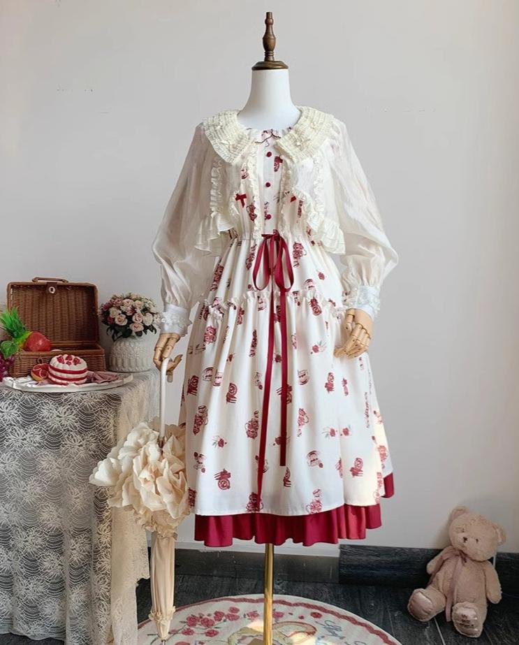 Rose Garden Red and White Flare Sleeve Dress