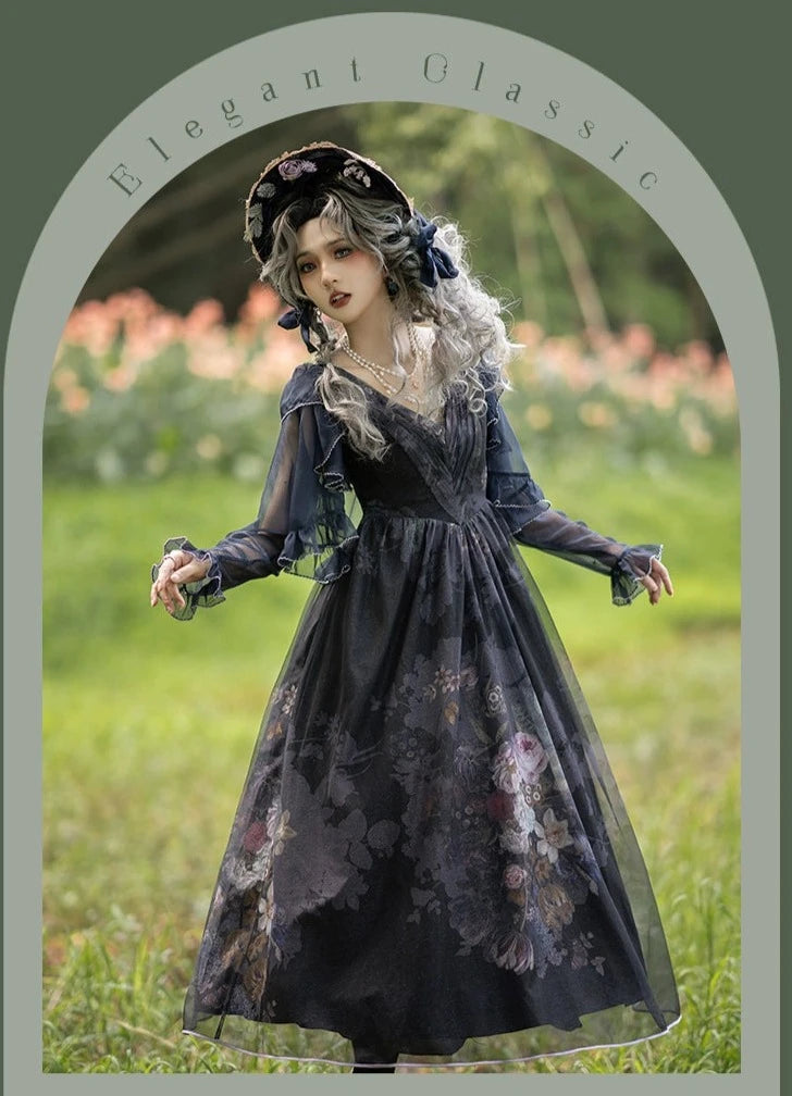 Porcelain Flower Garden 油彩画のロング丈ジャンパースカート