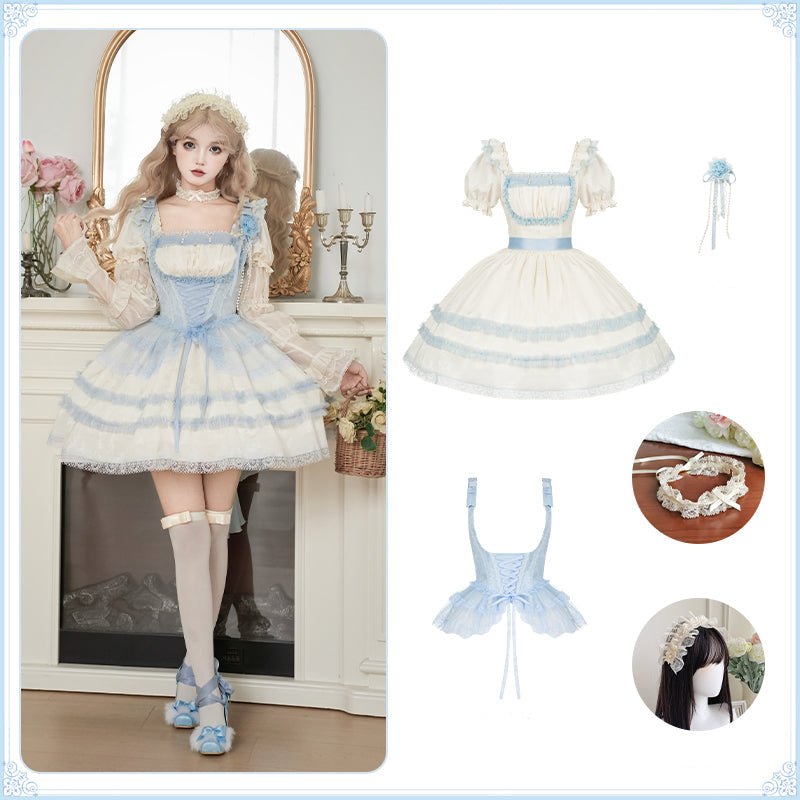 【予約販売】Sea Salt Iced Tea ライトブルージャガードワンピースセット・ショート丈