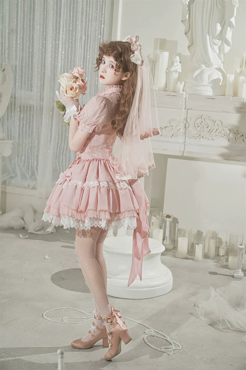 Baby Pink クロスリボンのコルセット風半袖ワンピース