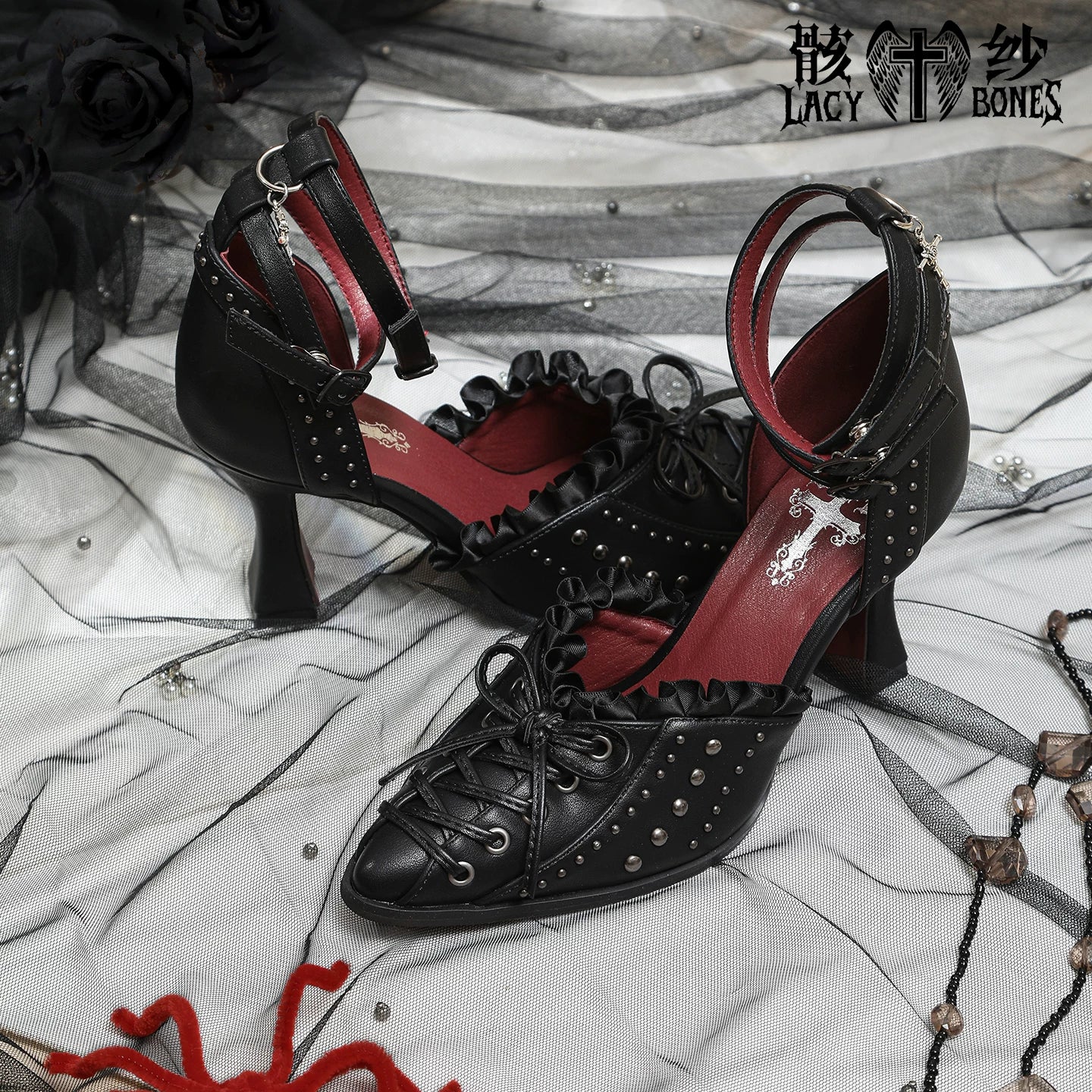 【Twilight Stud Vow】鋲×レース ダークゴシックポインテッドトゥパンプス