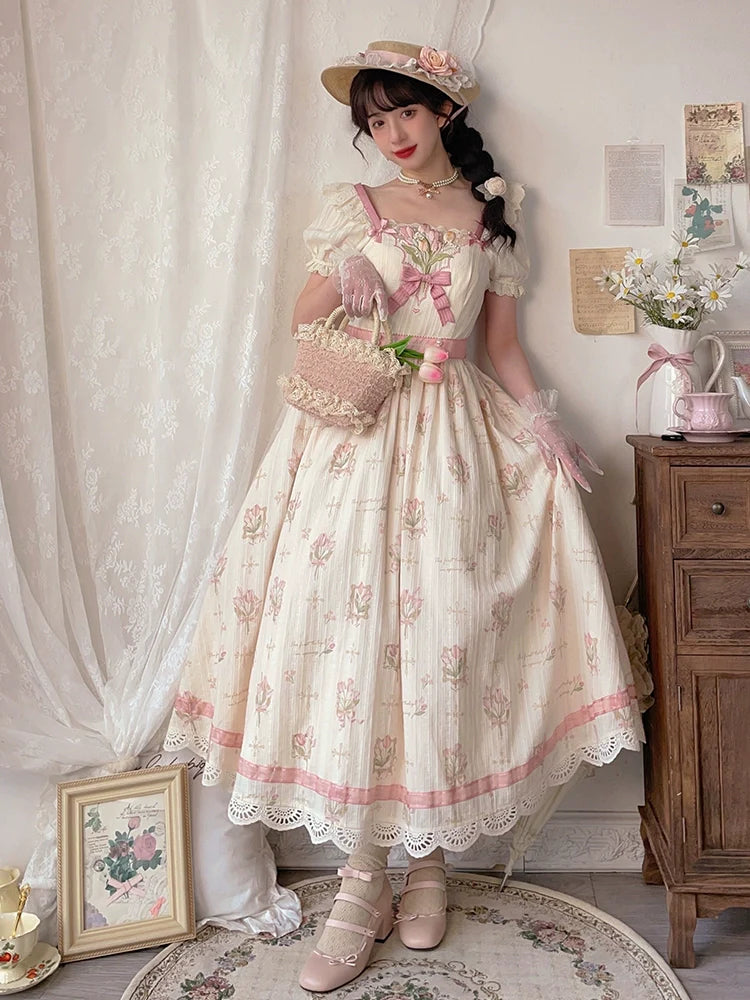 Tulip Bouquet スクエアネックコットンワンピース