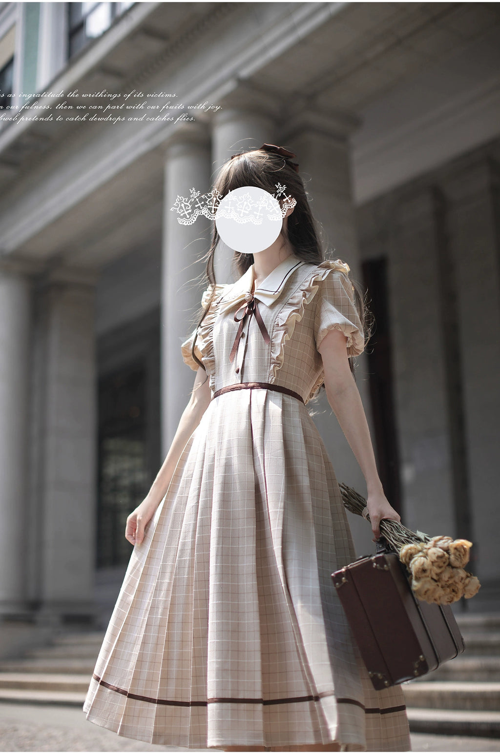 Betty French retro beige check short sleeve dress