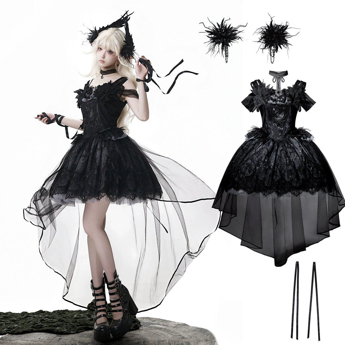 Black Feather 白鳥刺繍ジャンパースカートセット – ロリータ