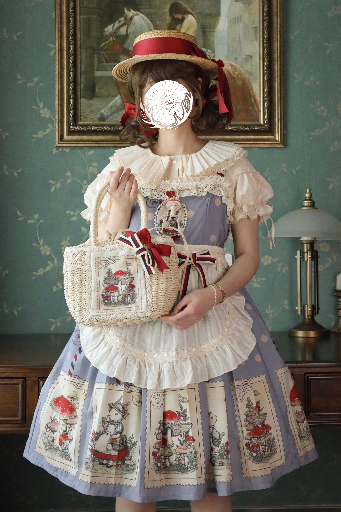 キノコとウサギの切手デザインジャンパースカート