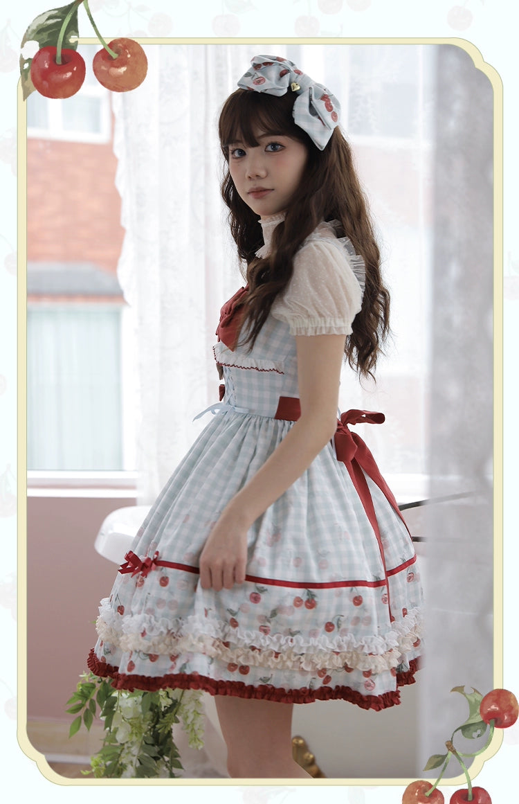 Cherry and Heart ギンガムチェックのジャンパースカート – ロリータ Cherry and Heart ギンガムチェックのジャンパースカート – ロリータ