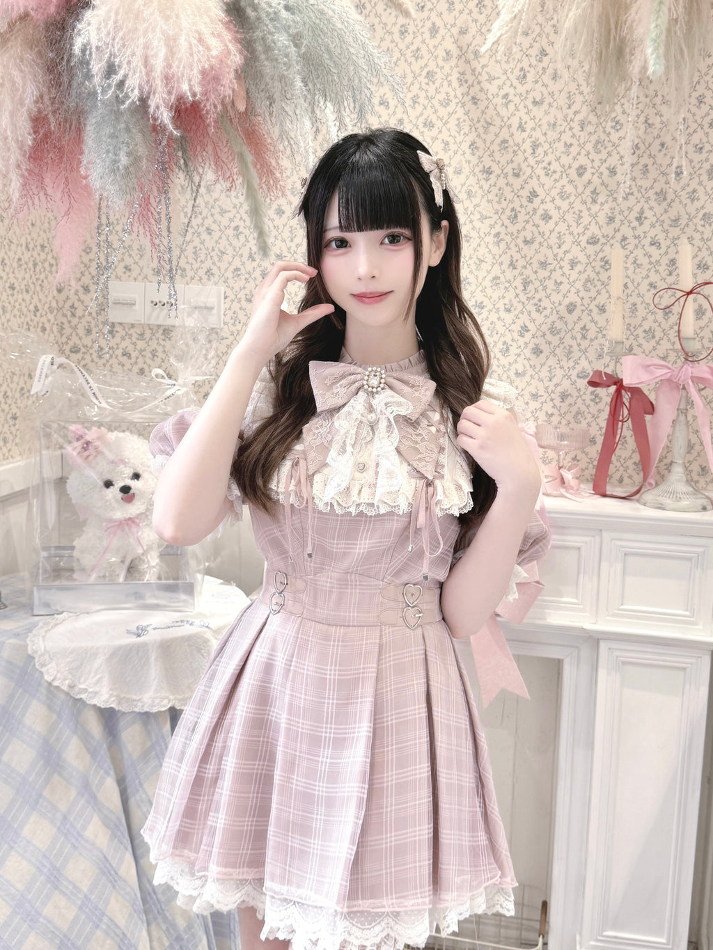 Angel Heartbeat Pink フリルチェックミニ丈ワンピース