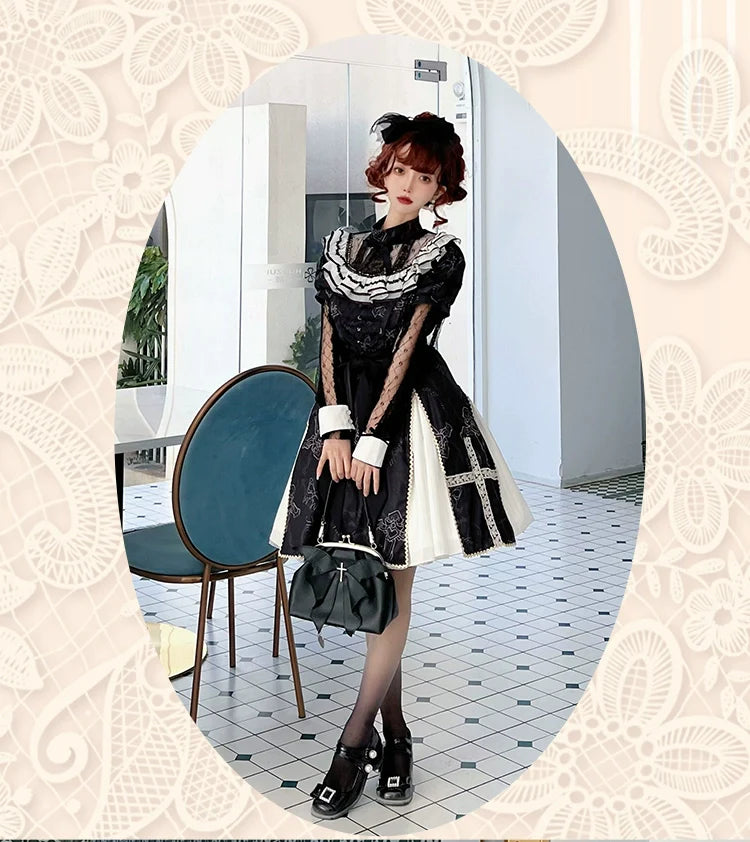 White Cross Ribbon Gothic Long Sleeve Dress