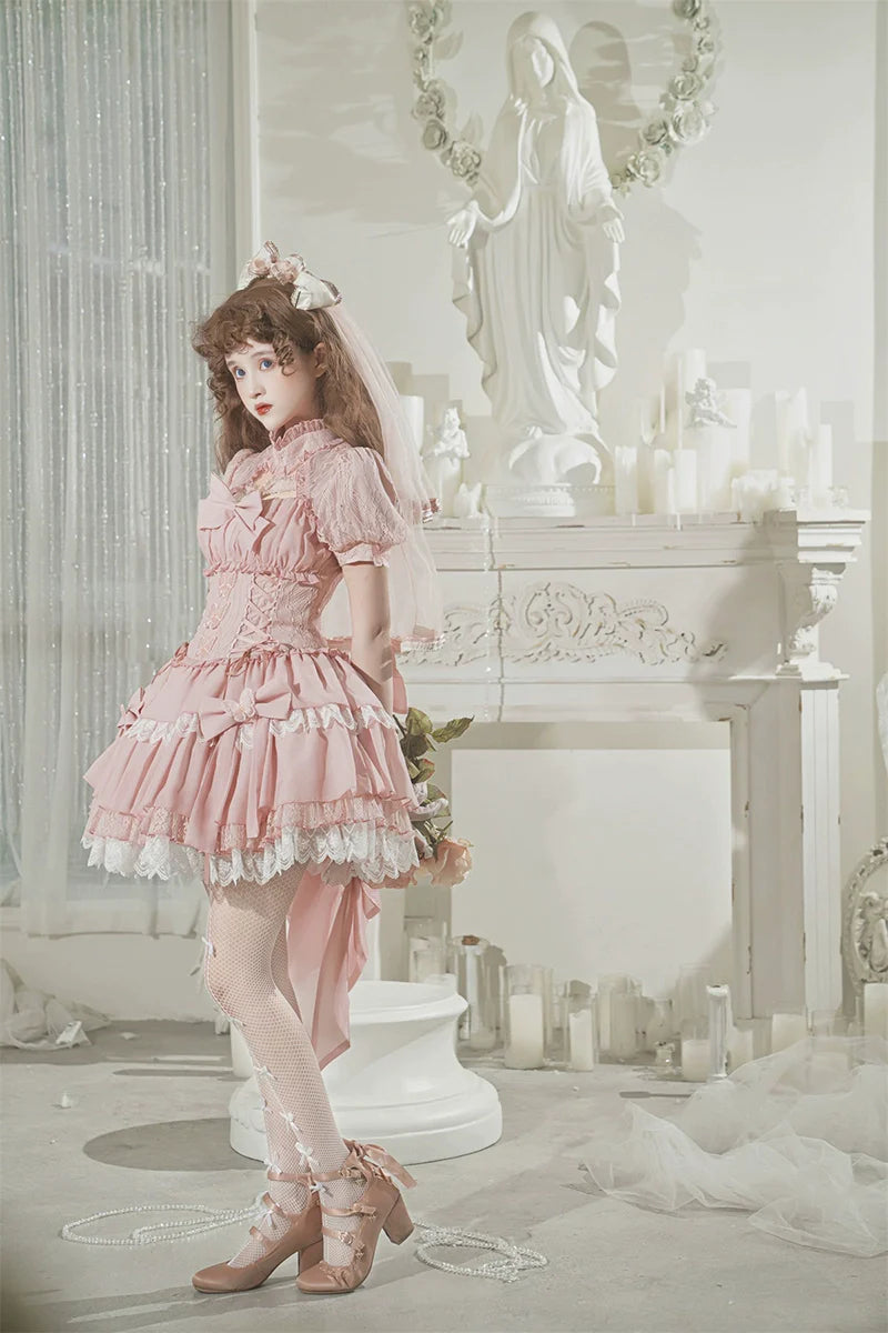 Baby Pink クロスリボンのコルセット風半袖ワンピース