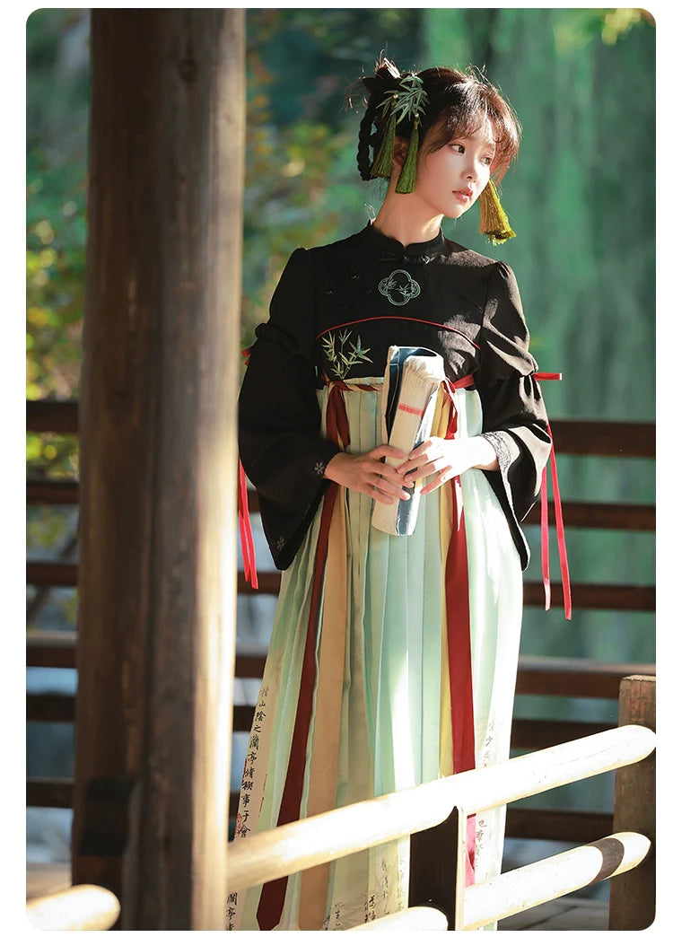 白緑 竹模様の漢服風フェイクツーピースドレス