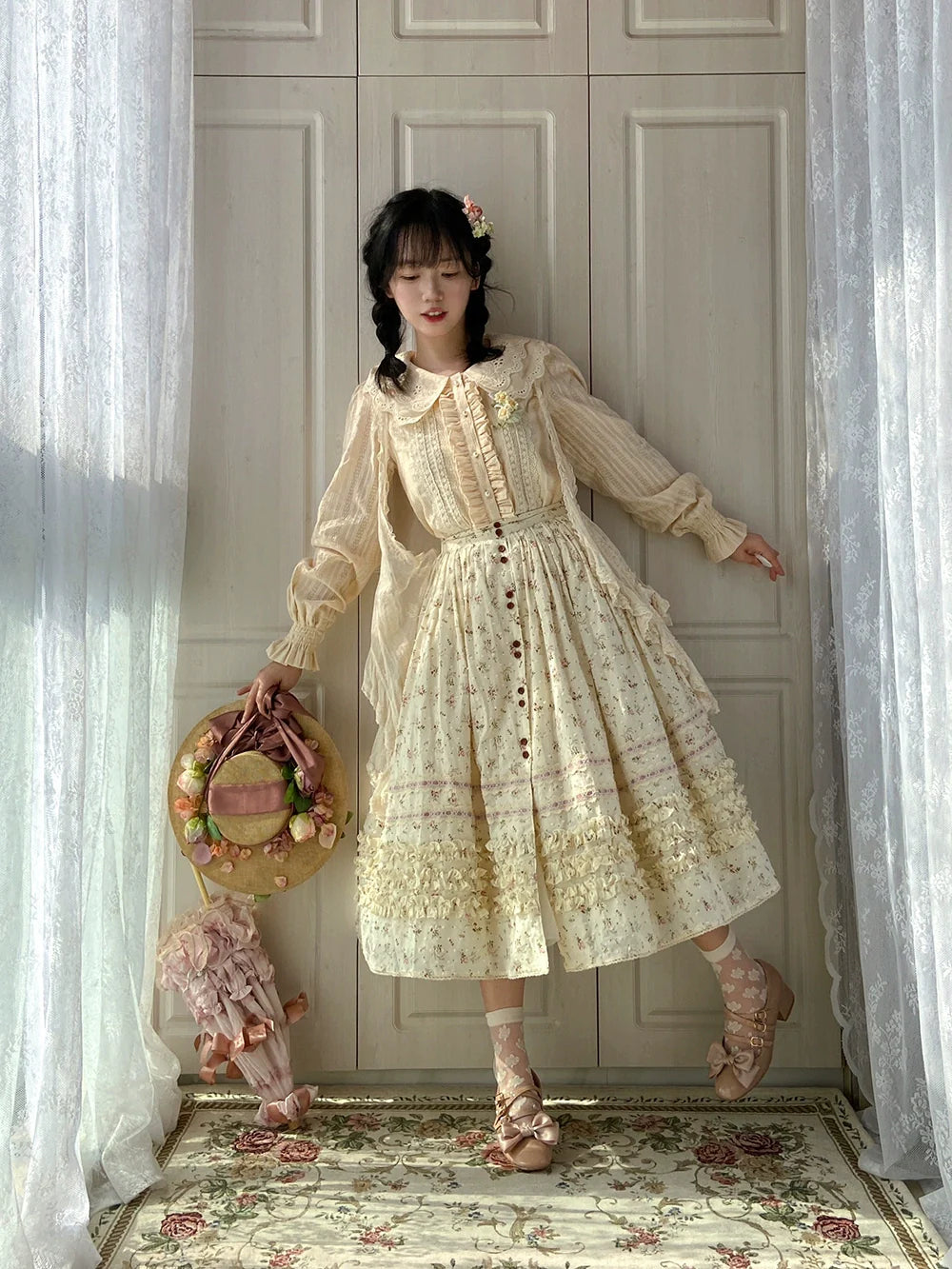 【予約販売】Pink Flower 小花模様のボタン付コットンスカート