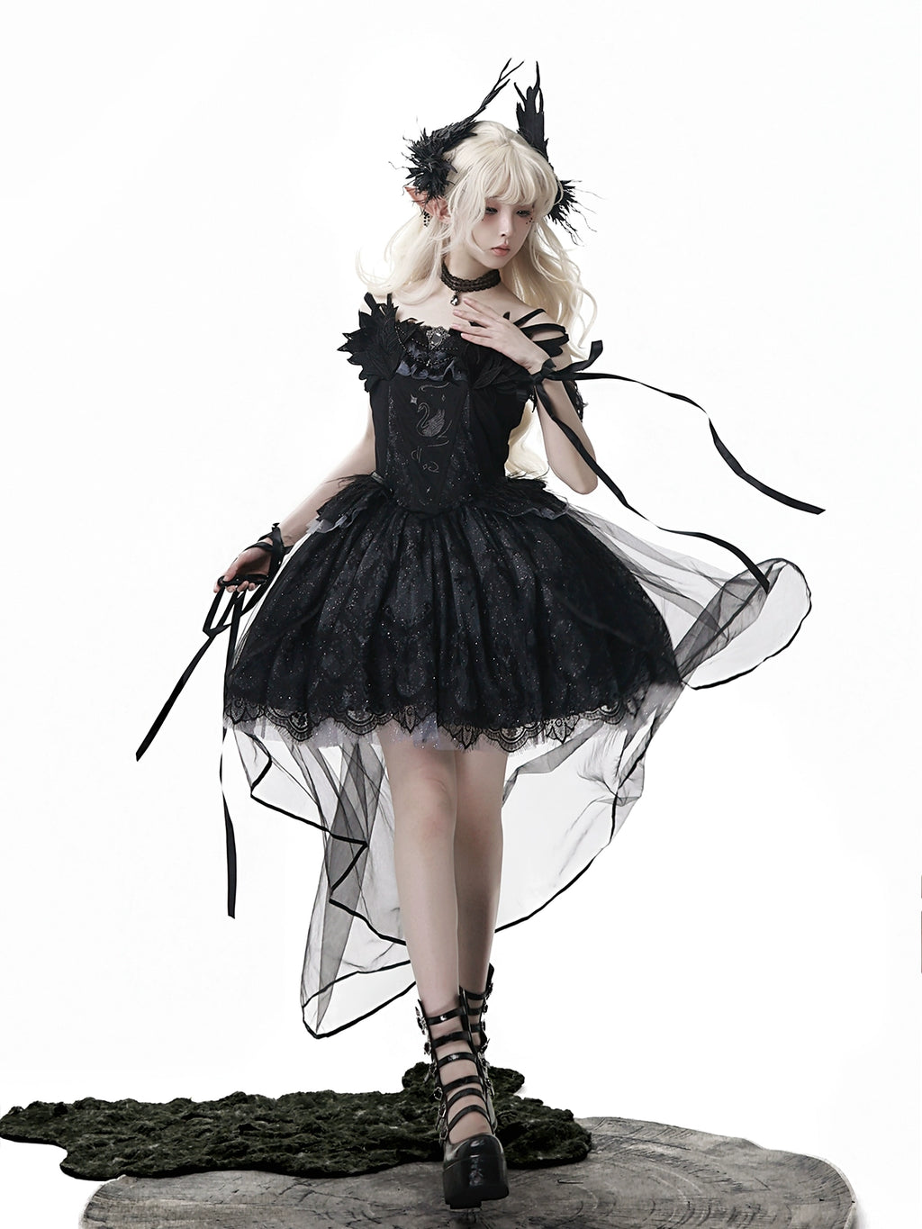 Black Feather 白鳥刺繍ジャンパースカートセット