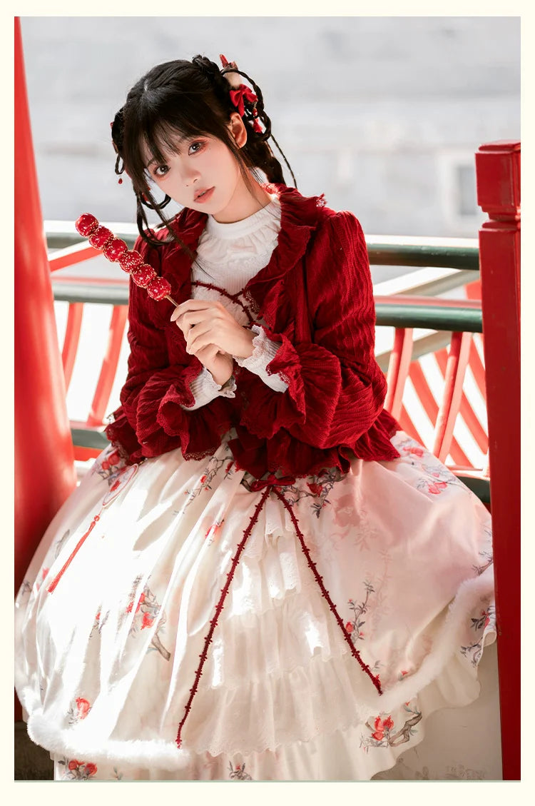 Pomegranate pattern jumper skirt and frilled cardigan