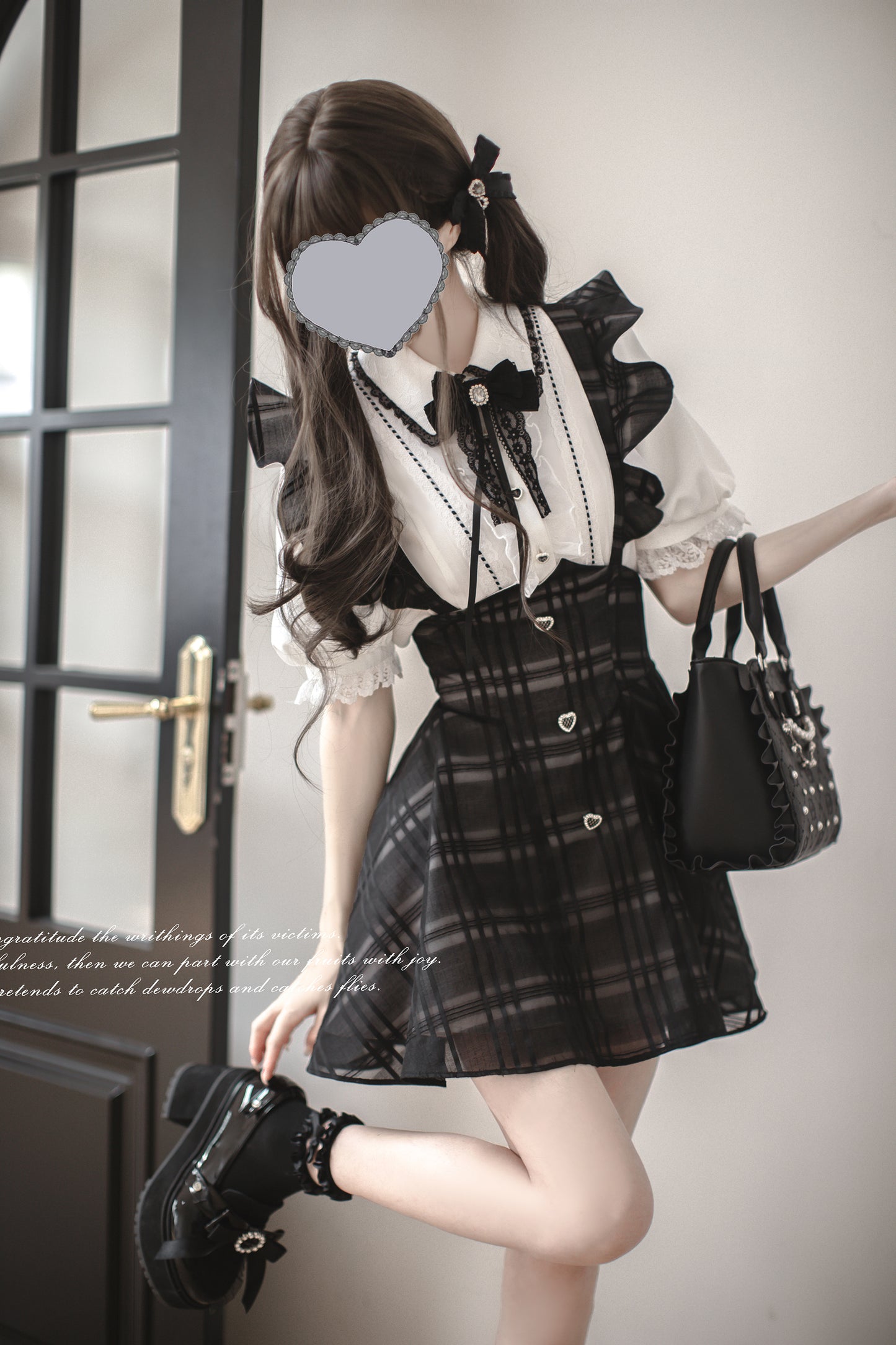 Monochrome Heart チェック柄ジャンパースカートセット・ショート丈