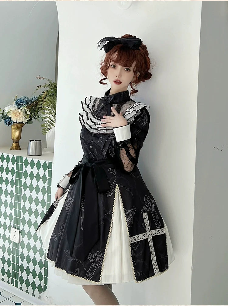 White Cross Ribbon Gothic Long Sleeve Dress RonRon White Cross Ribbon Gothic Long Sleeve Dress RonRon