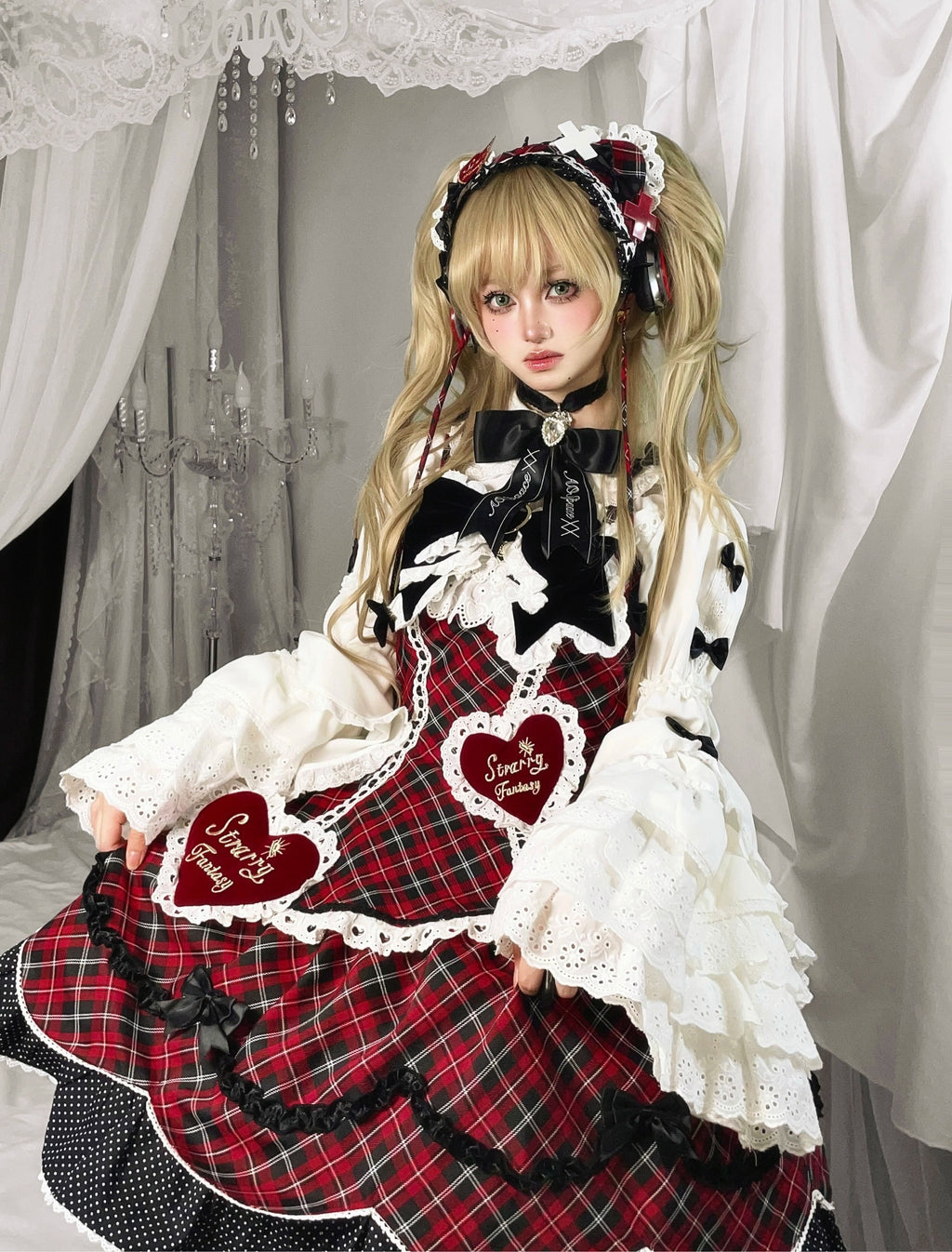 【受注予約11/13まで】Velvet Sweetie Heart チェックのジャンパースカート・レッド