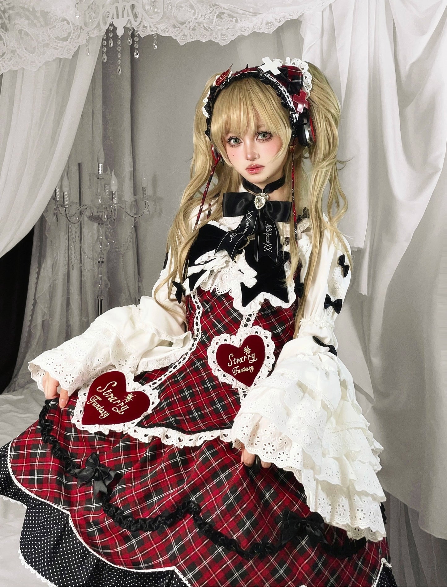 【受注予約11/13まで】Velvet Sweetie Heart チェックのジャンパースカート・レッド