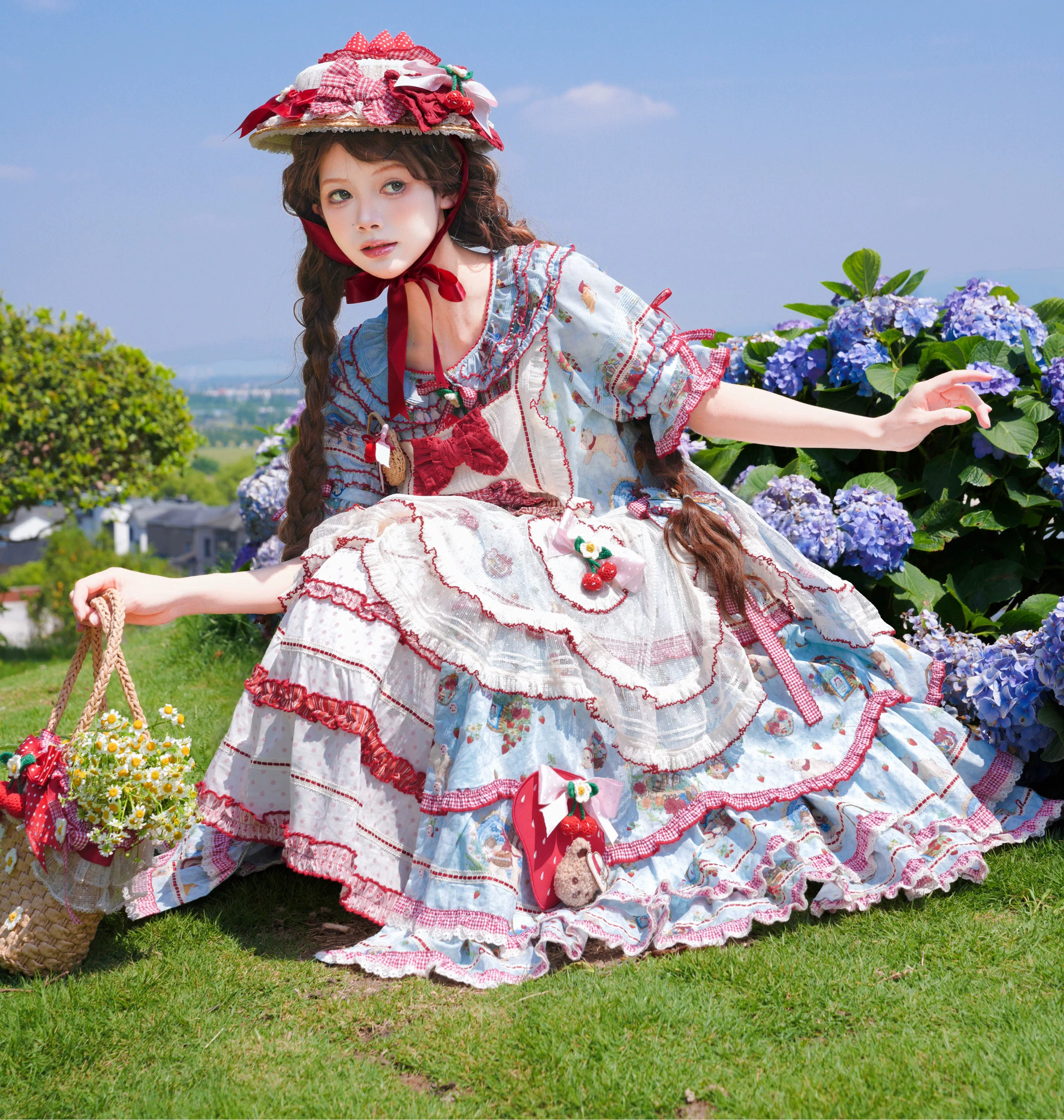 ハンドメイド♡いちごチェック大きめフリフリポニー キッズ/ベビー ハンドメイド♡いちごチェック大きめフリフリポニー