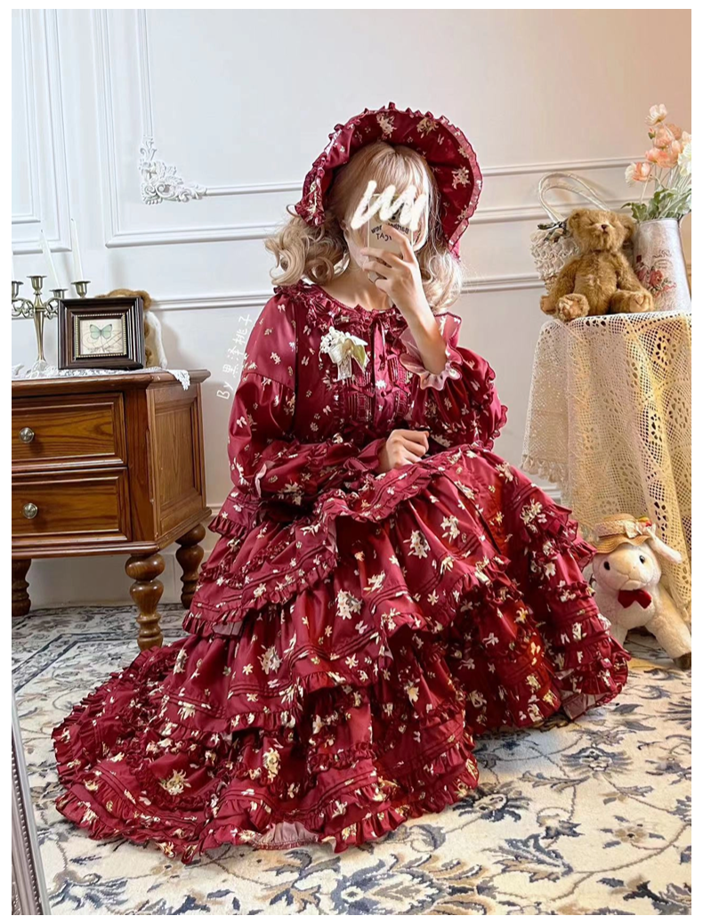 Fragments of Flowers 長袖ティアードワンピース・レッド – ロリータ Fragments of Flowers 長袖ティアードワンピース・レッド – ロリータ