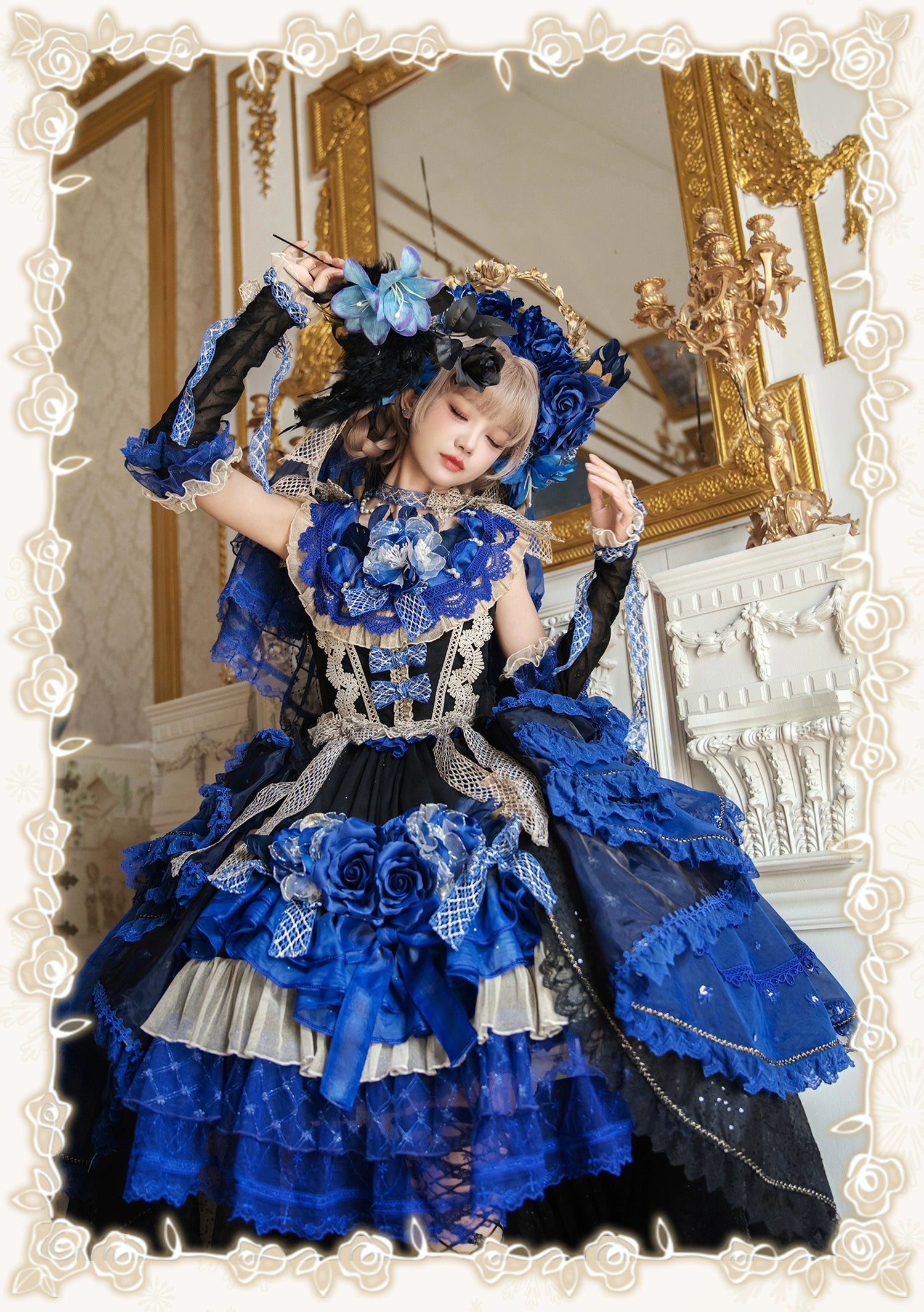 【受注予約8/13まで】Snow Rose Princess トレーン付きドレス・ブルー×ブラック（ゴールド）