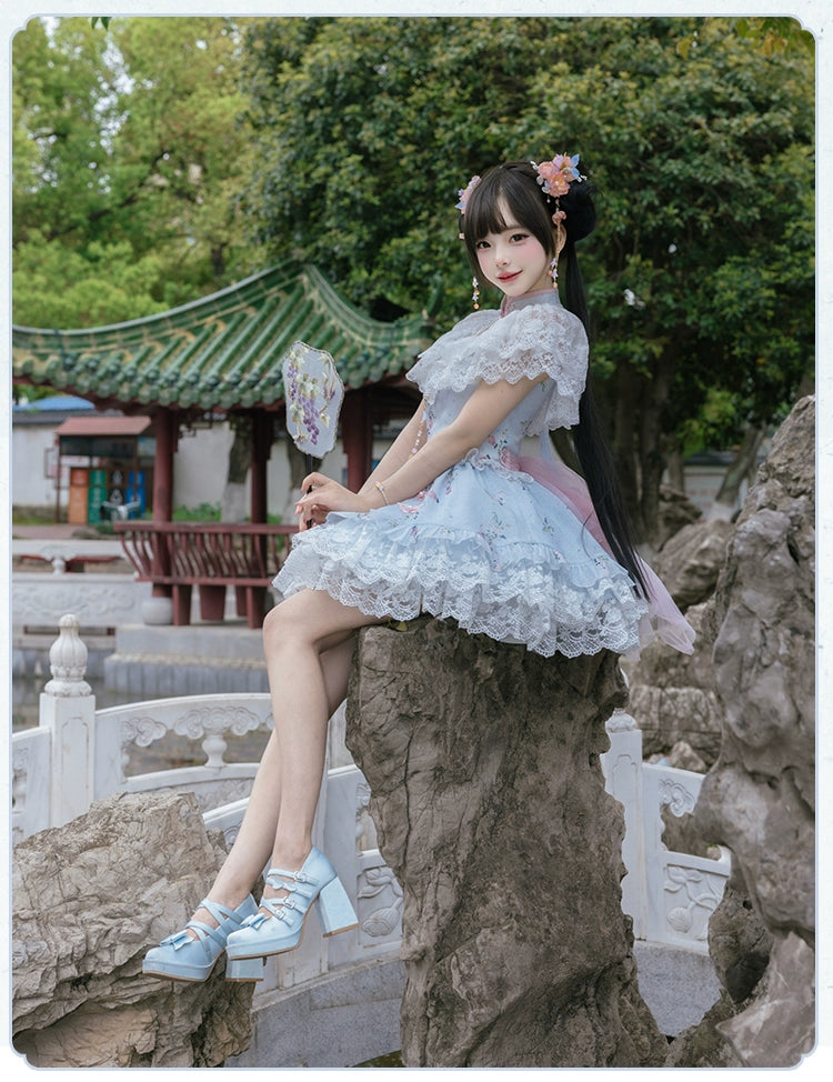 Screen Painting Hana Lolita Chinese dress style lace and flower mini dress