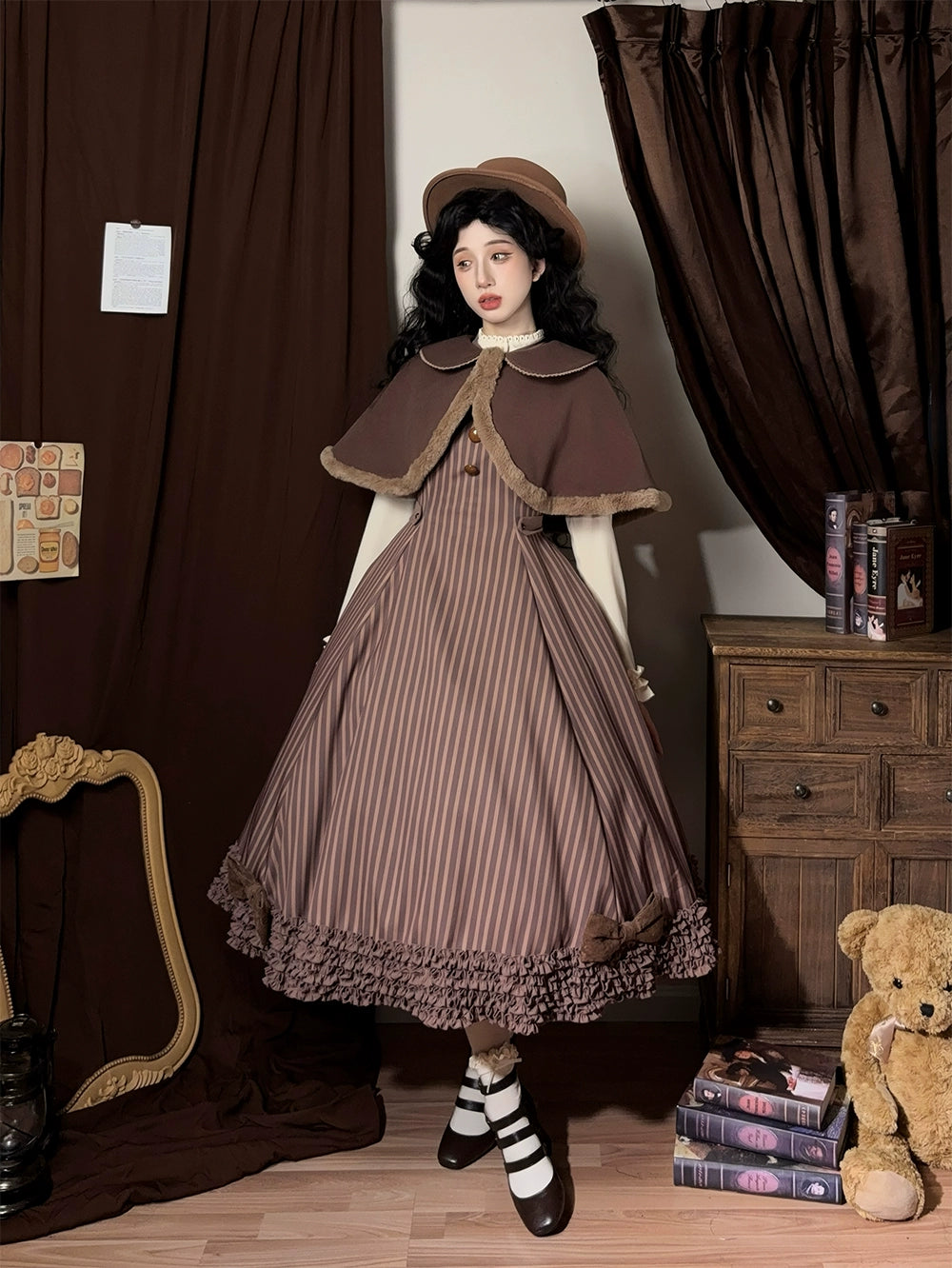 【予約販売】Classic Chocolat Stripe ストライプジャンパースカート・ロング丈