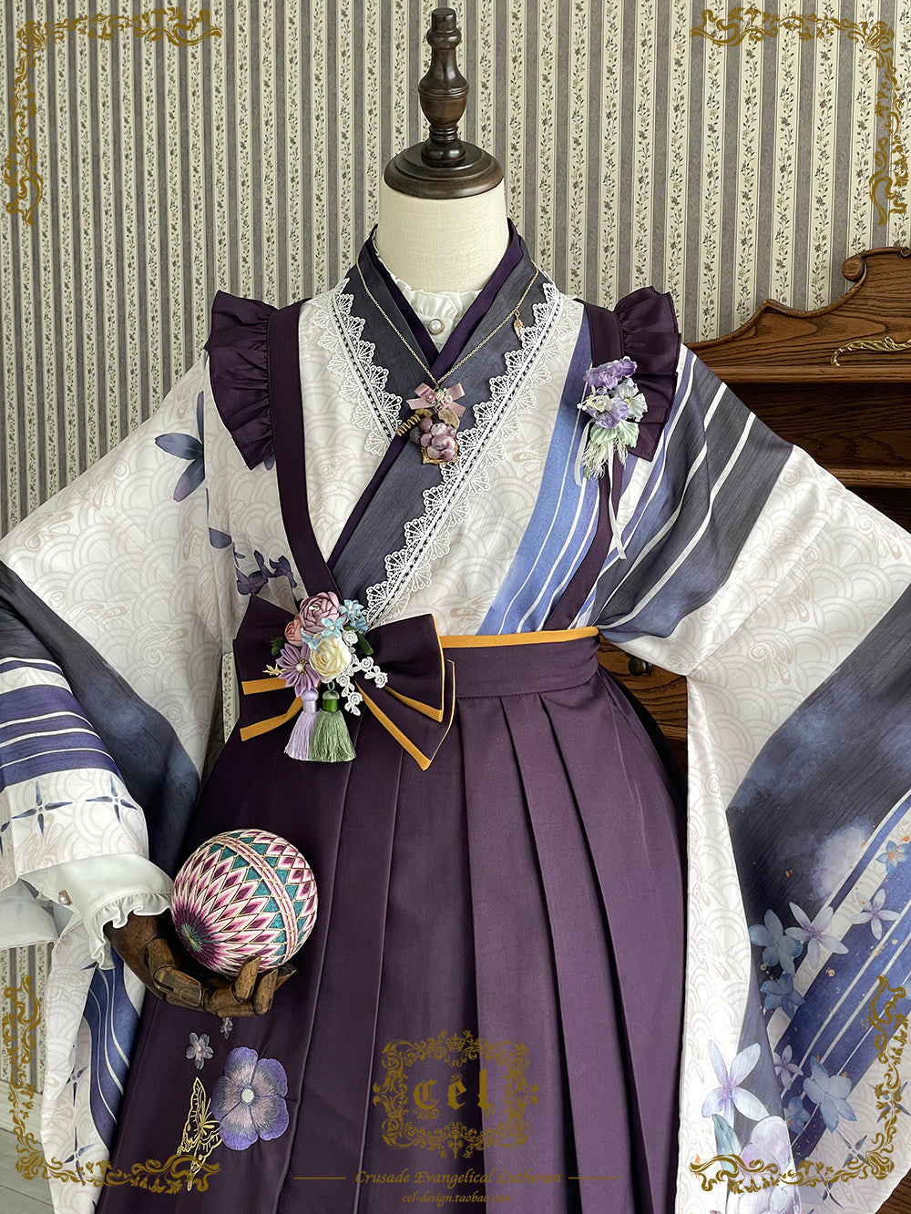 Temari embroidered hakama-style suspender skirt