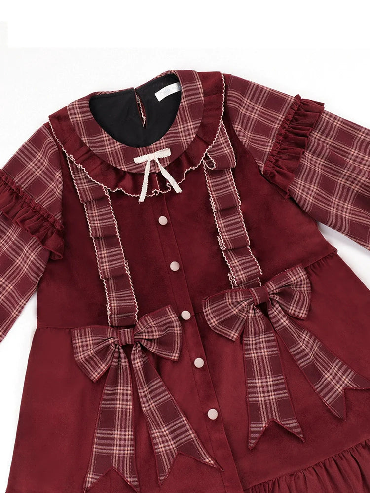 Red check and velvet layered dress