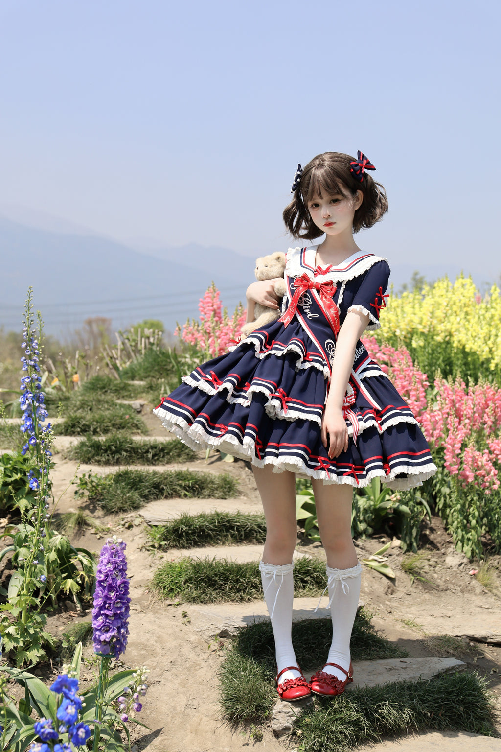 【受注予約4/28まで】セーラー襟と3段フリルの2wayマリンワンピース・ネイビー・ショート丈