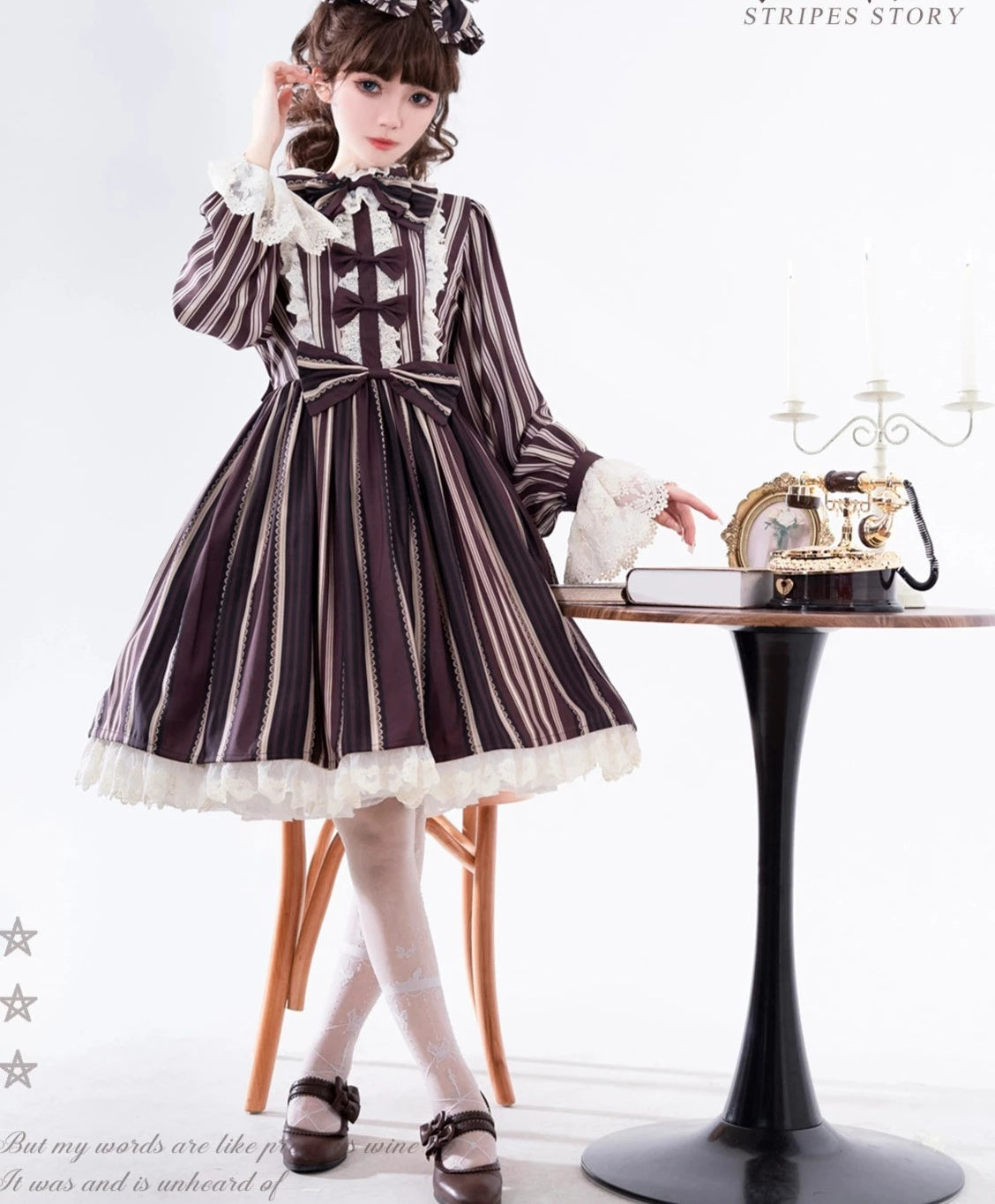 Stripes Story ブラウンワンピース リボンのヘアアクセ付
