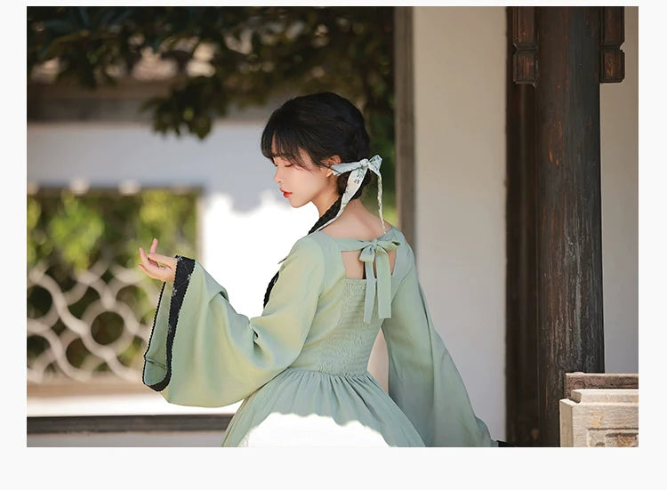 白緑 竹模様のスクエアネックワンピース