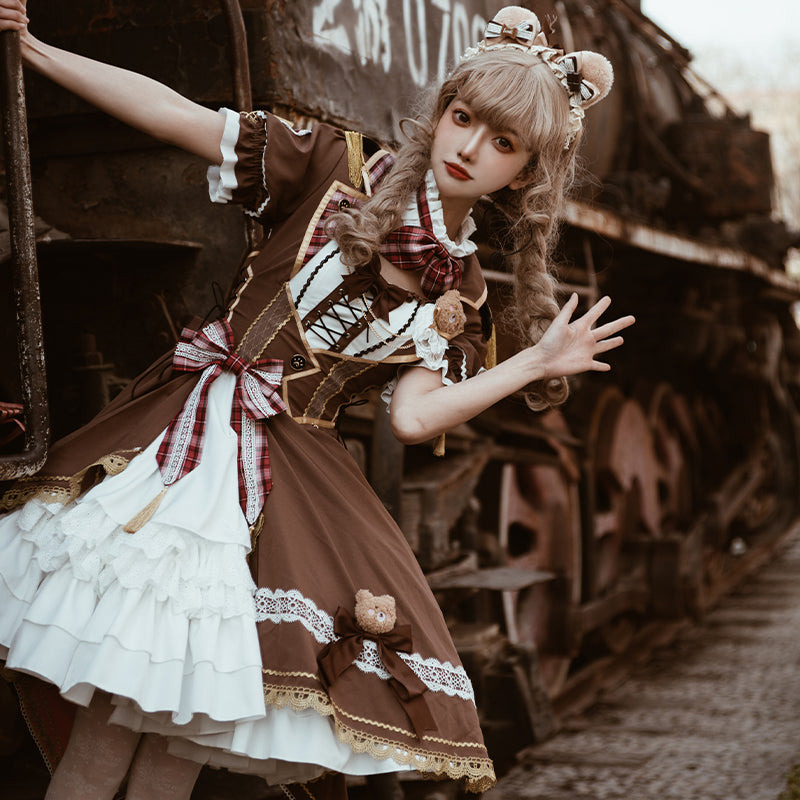 Bear Chocolat Brown dress with ribbon and lace