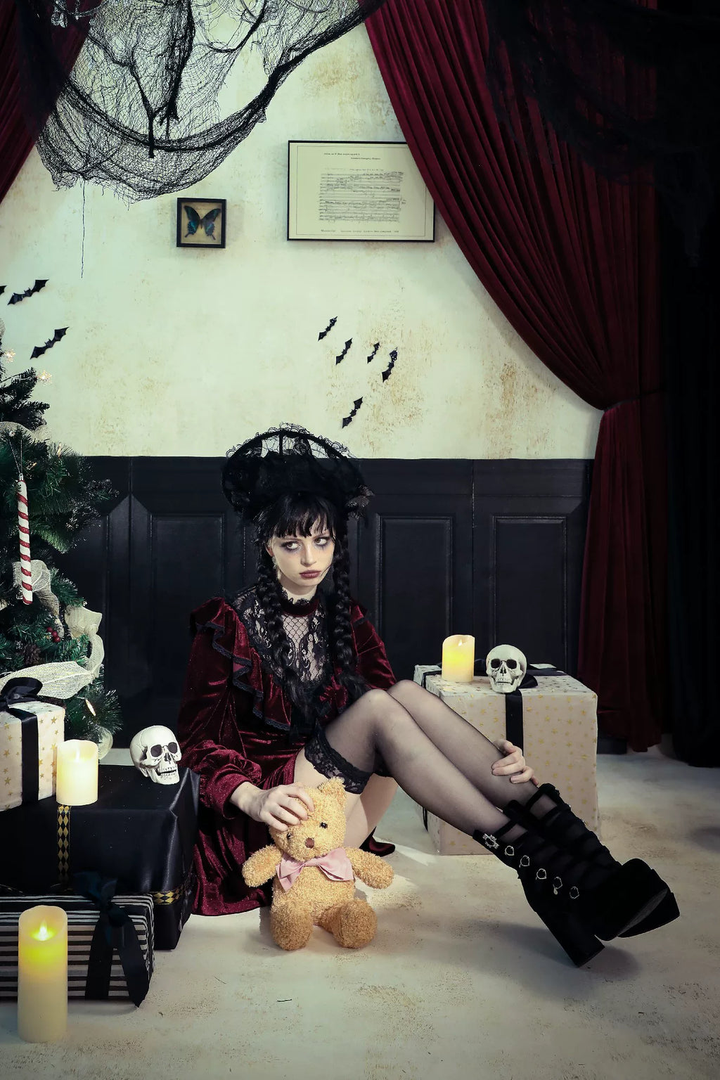 【Dark in Love】ダークレッド ベルベット×レース ゴスロリ長袖ワンピース | Blood Velvet (コピー)