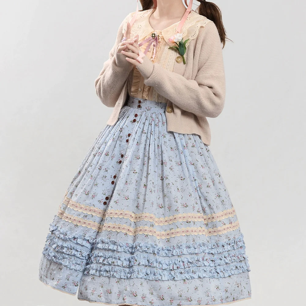 [Pre-order] Pink Flower Buttoned Cotton Skirt with Small Floral Pattern