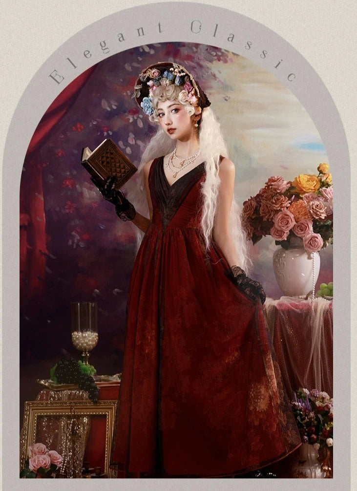 Porcelain Flower Garden 油彩画のロング丈ジャンパースカート