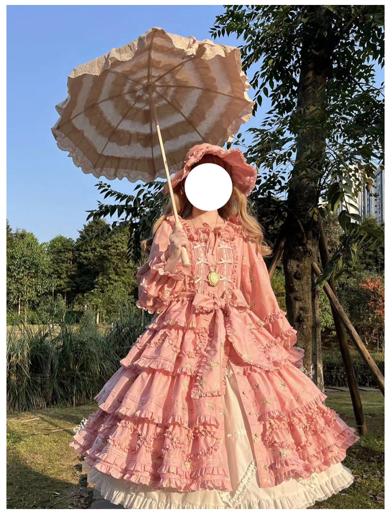 Fragments of Flowers 長袖ティアードワンピース・ピンク – ロリータ Fragments of Flowers 長袖ティアードワンピース・ピンク – ロリータ