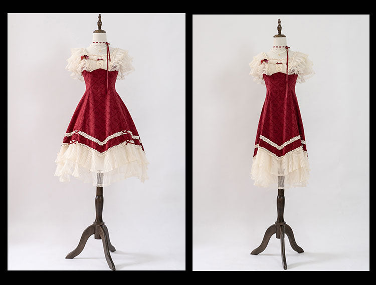 薔薇模様のジャガードフリルレース2wayワンピース 全4色