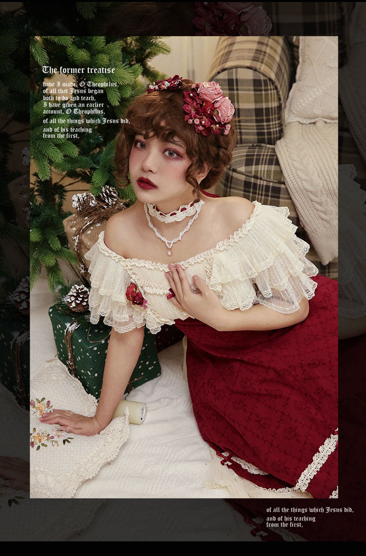 薔薇模様のジャガードフリルレース2wayワンピース 全4色