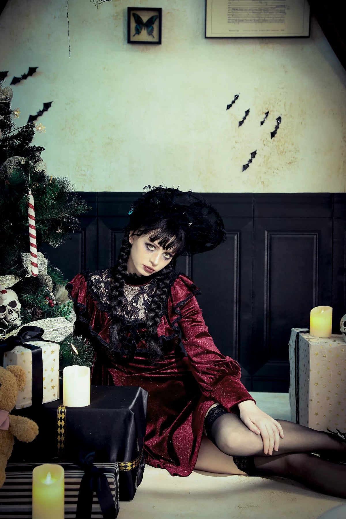 【Dark in Love】ダークレッド ベルベット×レース ゴスロリ長袖ワンピース | Blood Velvet (コピー)