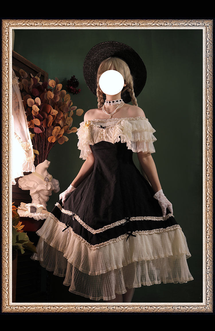 薔薇模様のジャガードフリルレース2wayワンピース 全4色