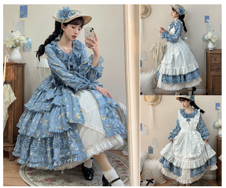 Fragments of Flowers Long Sleeve Tiered Dress - Sax