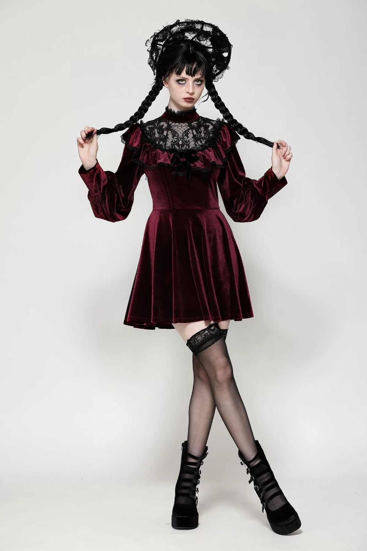 【Dark in Love】ダークレッド ベルベット×レース ゴスロリ長袖ワンピース | Blood Velvet (コピー)