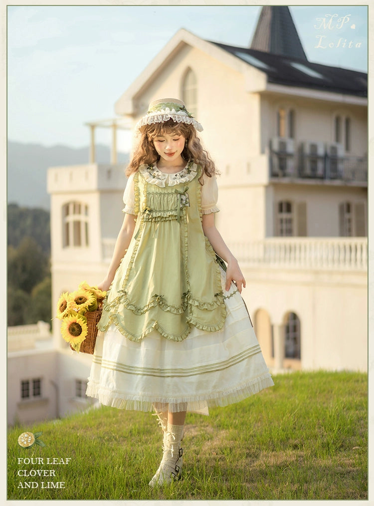 【受注予約5/18まで】Four Leaf Clover and Lime 刺繍襟のワンピース