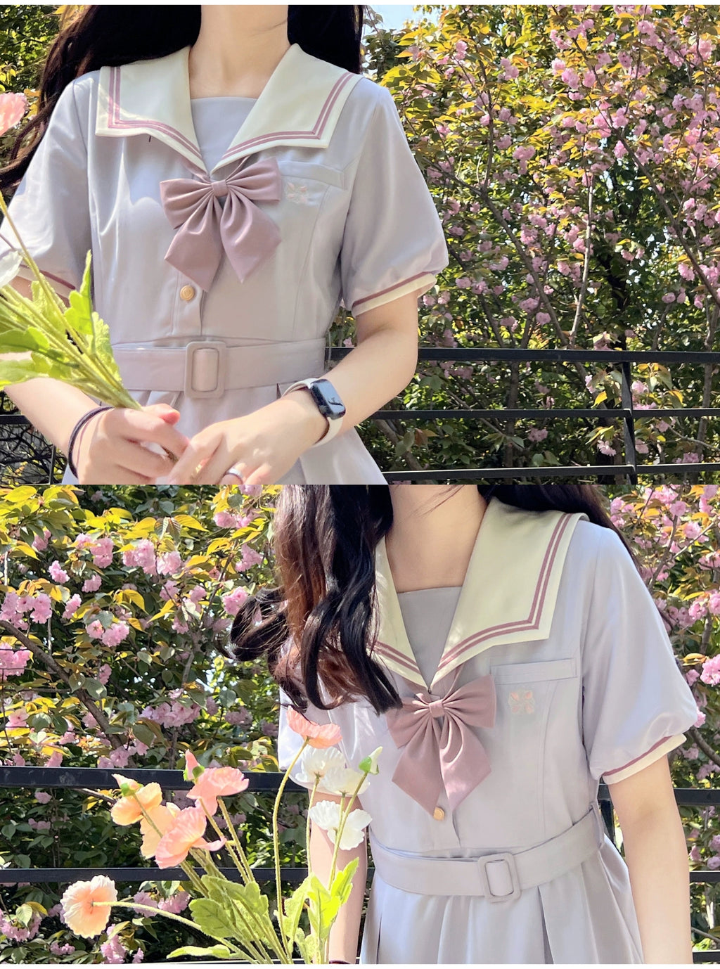 Misty Vine 藤色のセーラーカラー半袖ワンピース