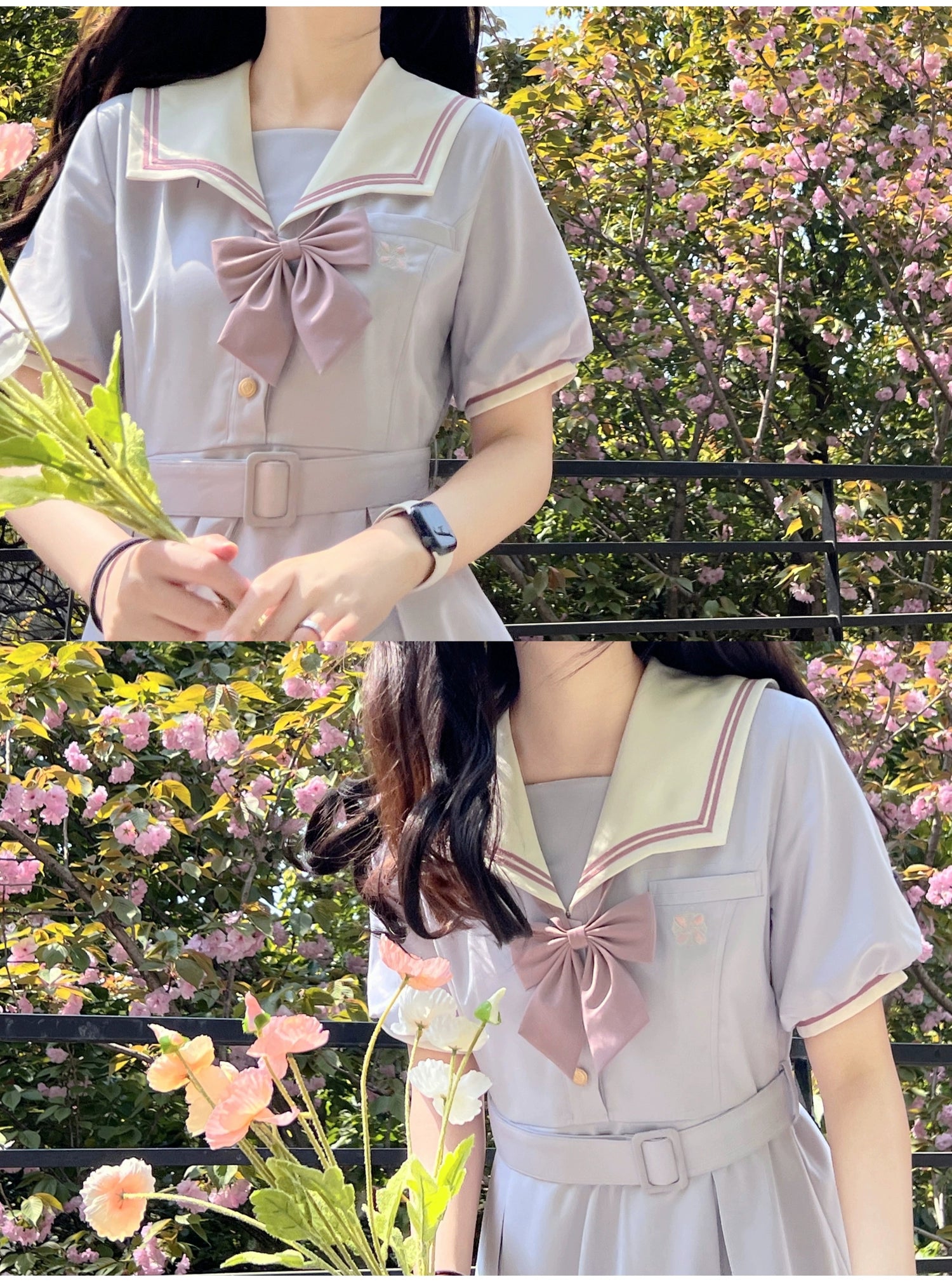Misty Vine 藤色のセーラーカラー半袖ワンピース