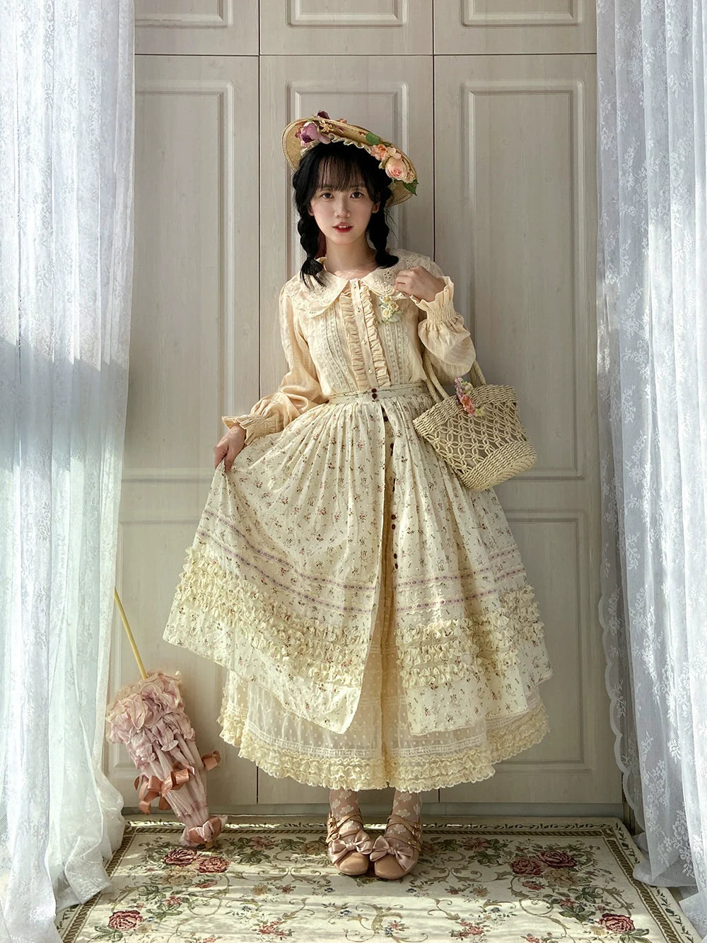 【予約販売】Pink Flower 小花模様のボタン付コットンスカート