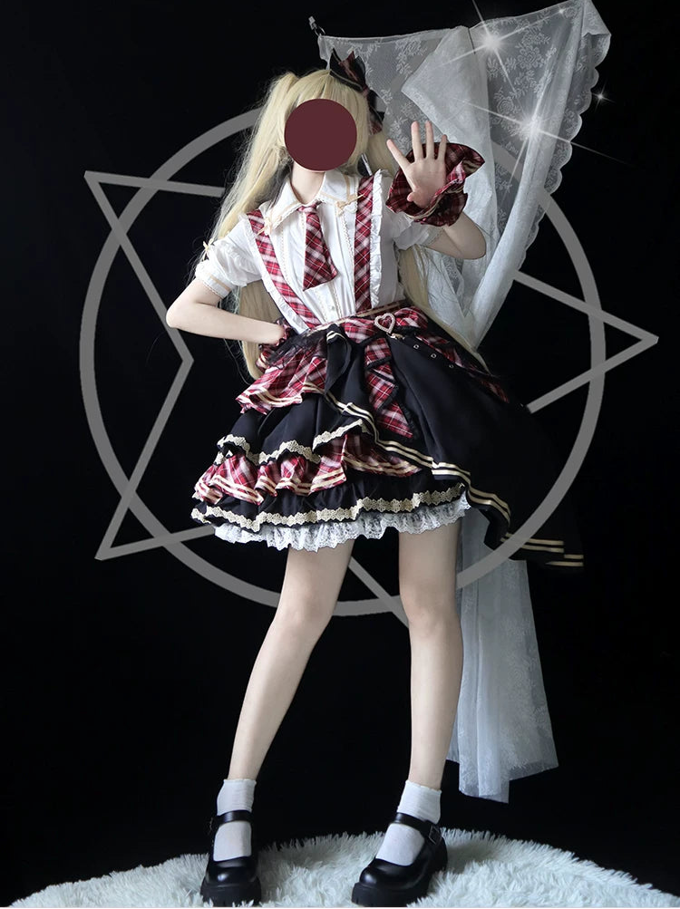 Red Moon チェックとフリルのアイドル風サスペンダースカート フルセット