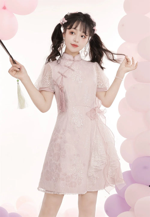 Peach Blossom pink ribbon cheongsam dress